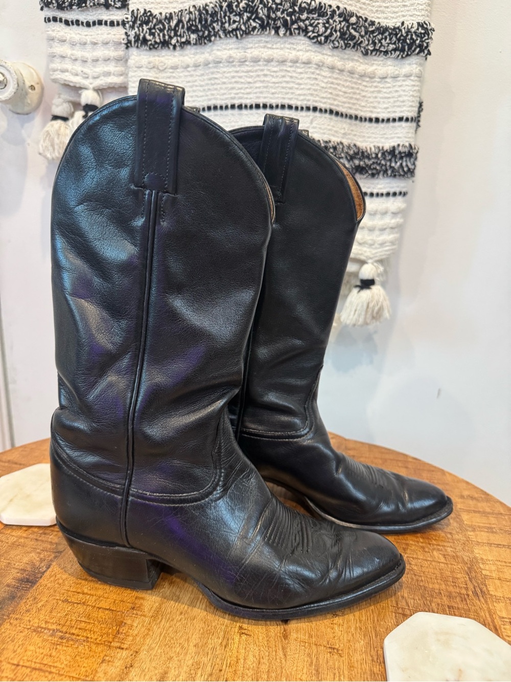 Vintage Tony Lama 6158 Black Leather Cowboy Boots Western Pointed Toe USA